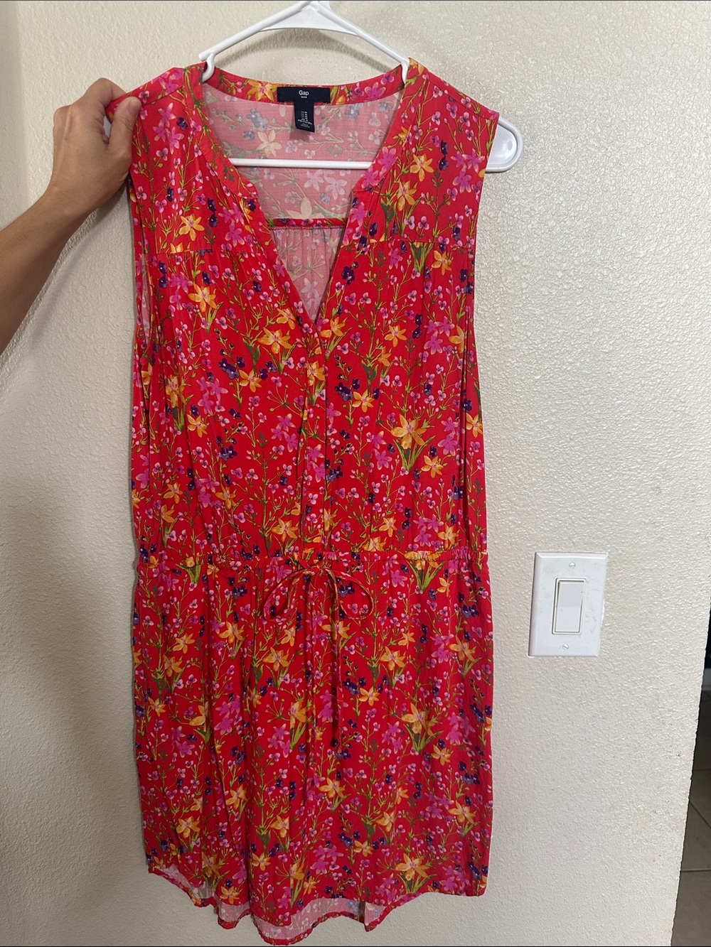 GAP Red Floral Sleeveless Midi Dress with Tie Waist